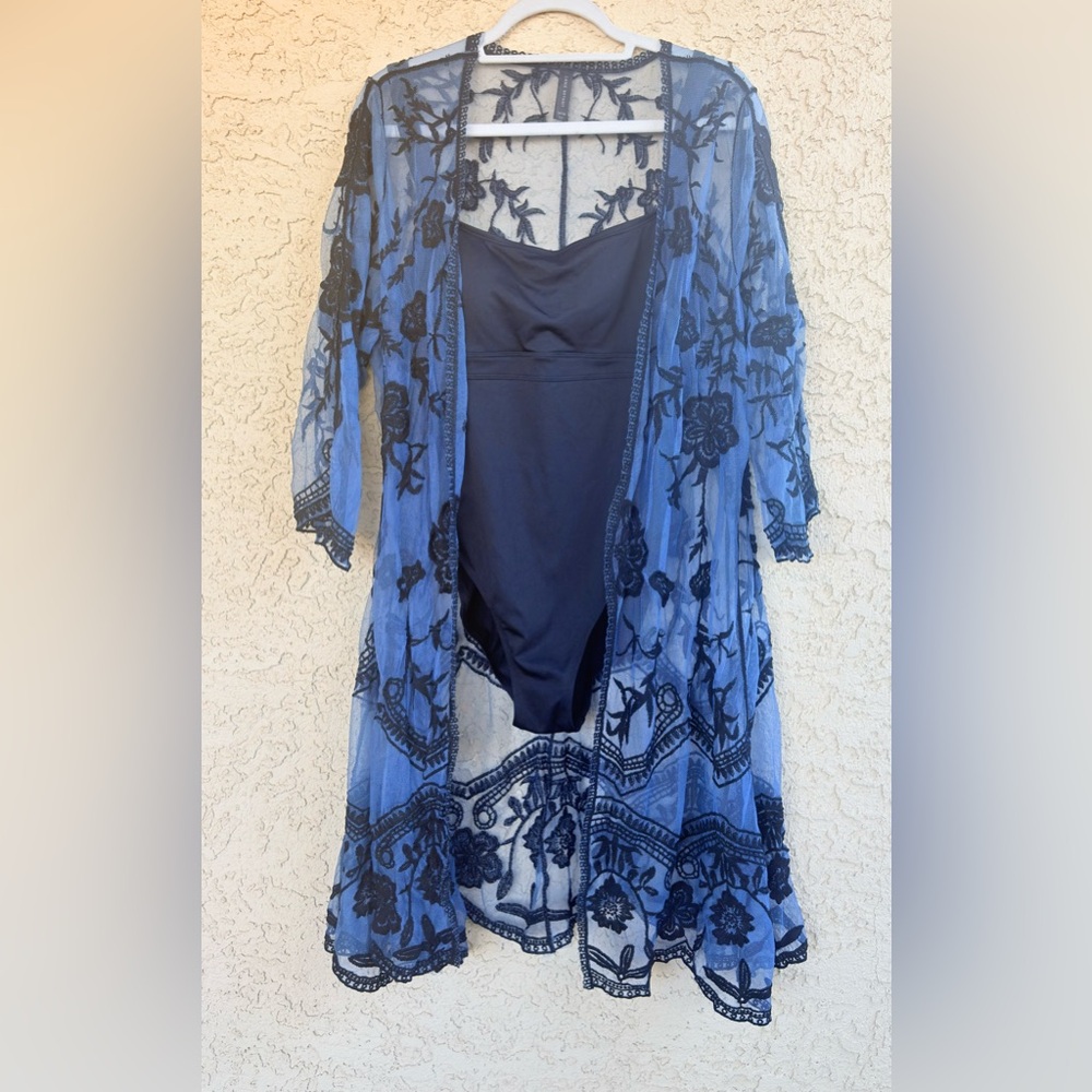 2 Pc Layne Bryant Blue Lace Cover Merona Black One Piece Swimsuit Womens L 14/16